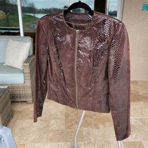 Cache Vintage Brown Leather and Suede Embossed Cropped Snake Print Jacket Size 4